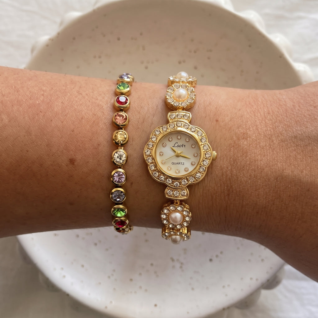 Pearl Blossom Crystal Gold Watch