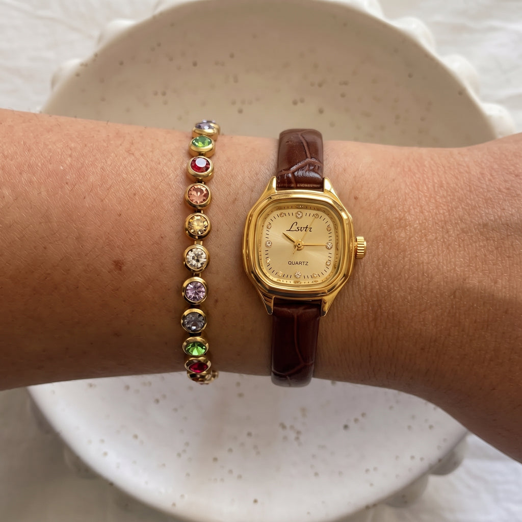 Vintage Petite Gold Brown Strap Watch