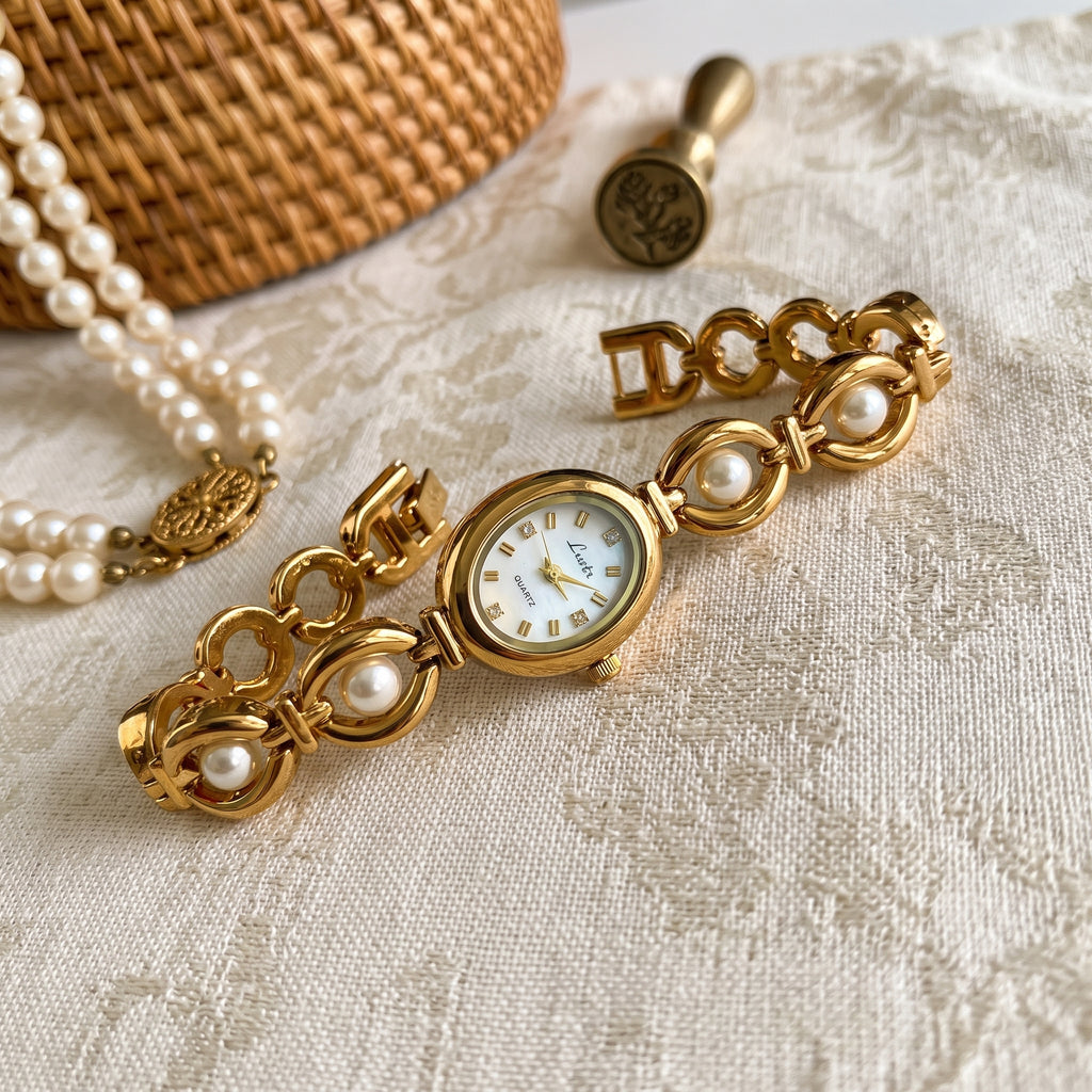 Perle Oval Gold Chain Watch