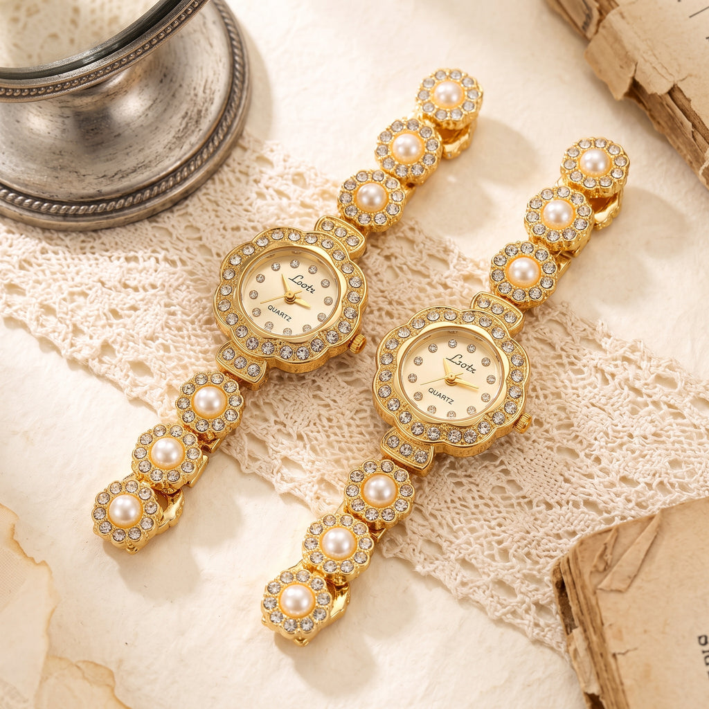Pearl Blossom Crystal Gold Watch