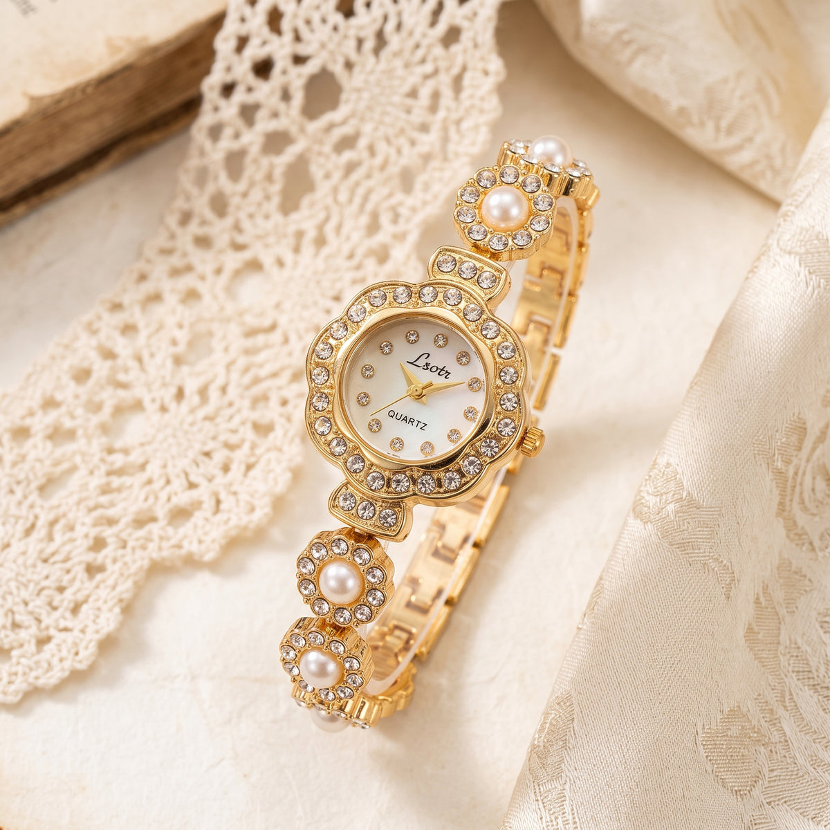 Pearl Blossom Crystal Gold Watch