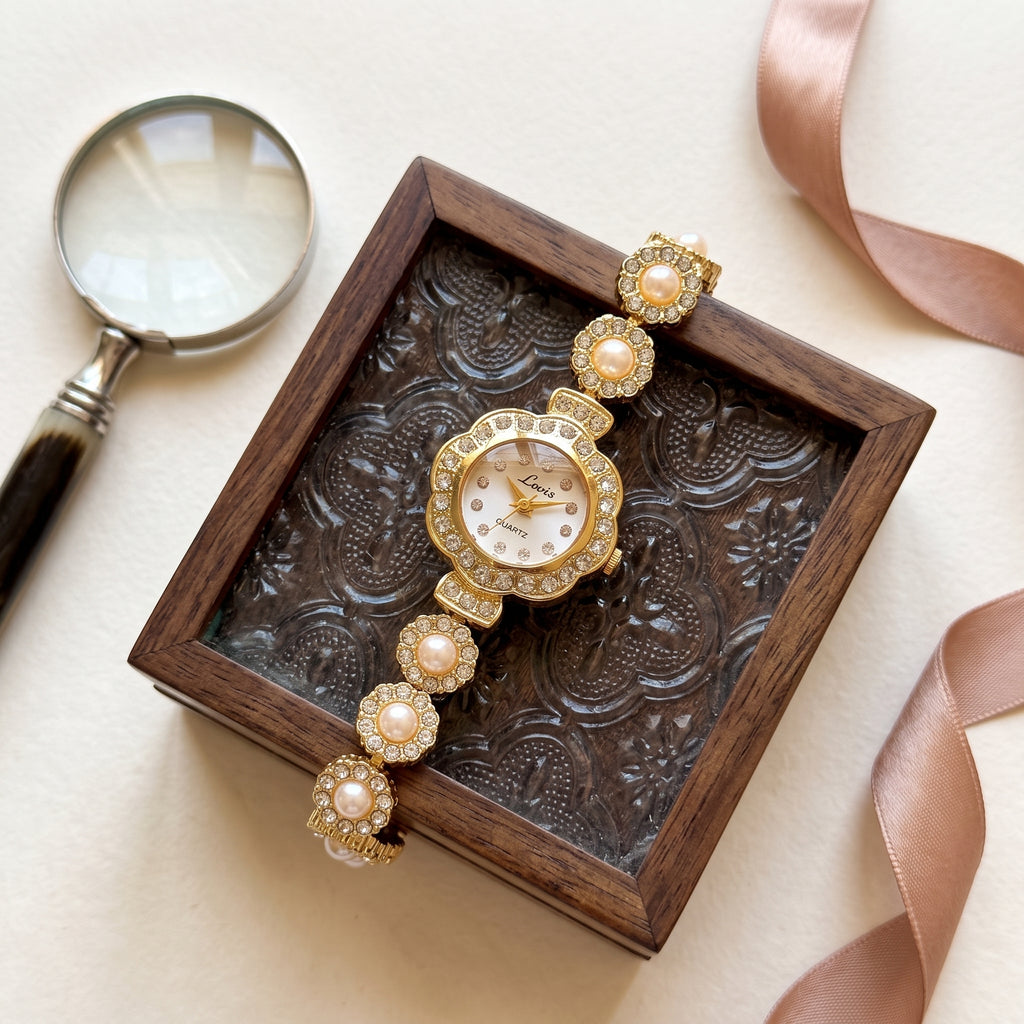 Pearl Blossom Crystal Gold Watch